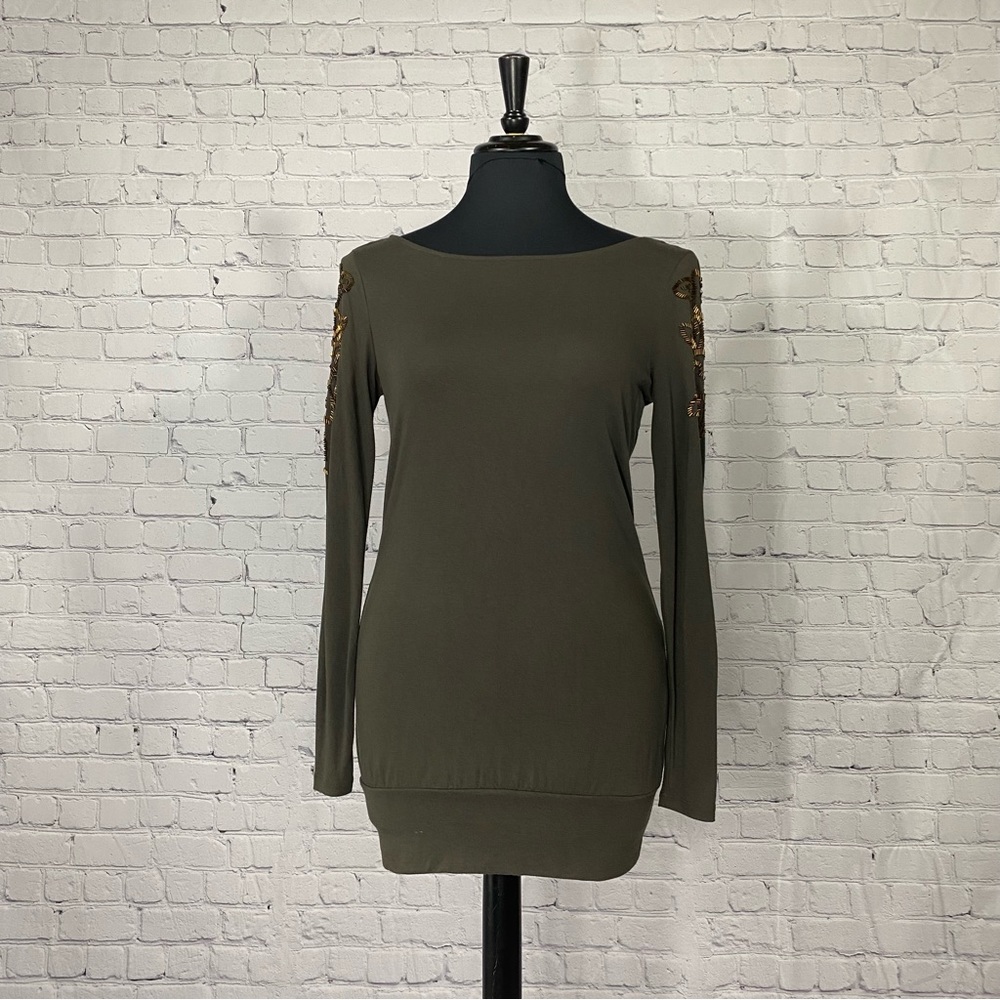Jennifer Lopez brown dress/tunic shirt with beautiful bronze beading, size XS